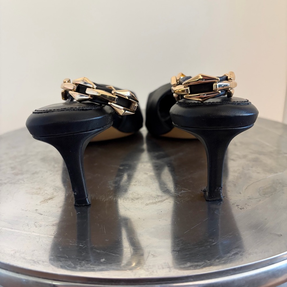 Vince Camuto Black Pointed Toe Slingback Flats with Gold Buckle - Picture 4 of 4